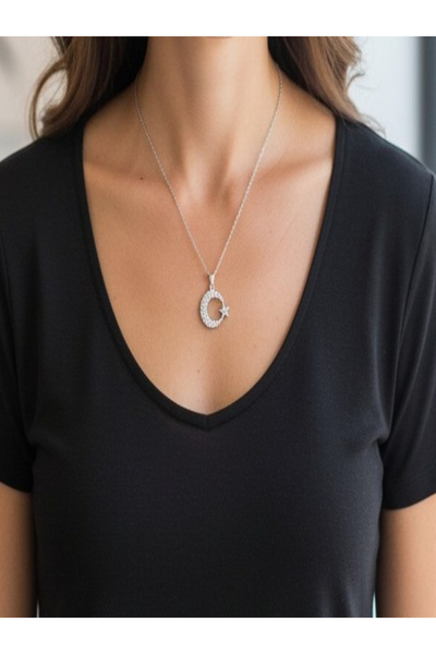 Bellenza Ay Yıldız Figürlü Zirkon Taşlı Gümüş Renk Zarif Kadın Kolyesi