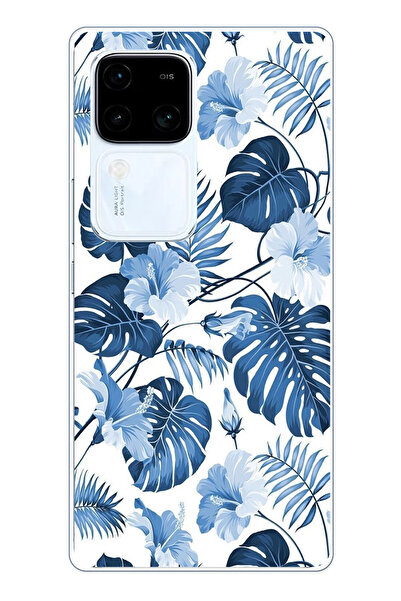 TechTree حافظة سيليكون مطبوع متوافقة مع Vivo V30 بنمط أوراق الشجر الزرقاء وال...