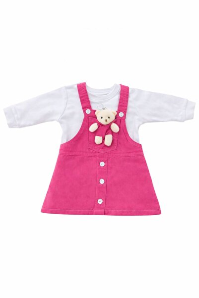 BABY WELL Ayıcıklı Kız Bebek Salopet Elbise Uzun Kollu Bodyli Pamuklu Elbşse