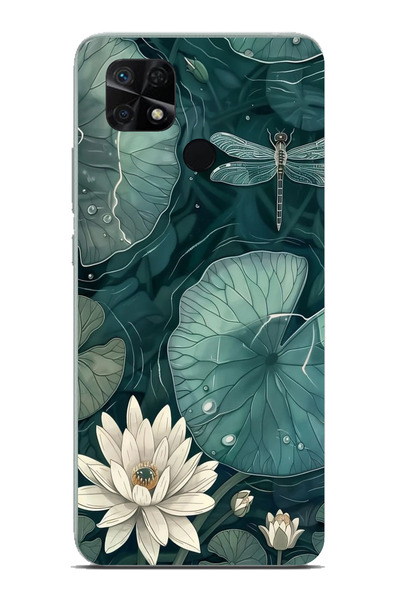 TechTree حافظة سيليكون مطبوع متوافقة مع هاتف Redmi 10C - POCO C40 على شكل زهرة اللوتس واليراعات الخضراء