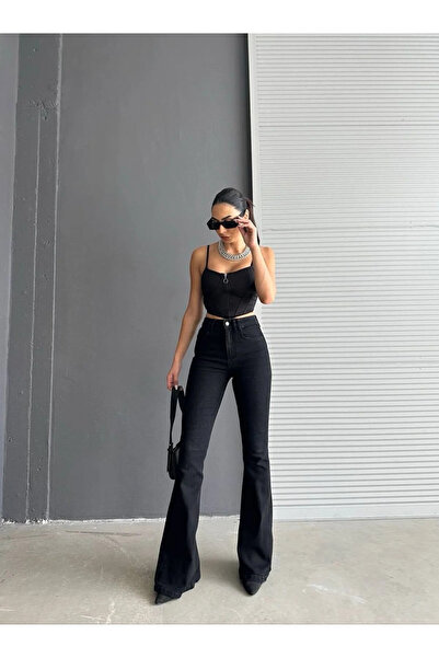 mooishan بنطلون جينز نسائي إسباني أسود L قماش قابل للتمدد Flare Jean-1