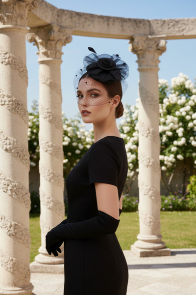 shop Set de voaluri negre de nuntă și mănuși lungi din satin - Combinație ret...