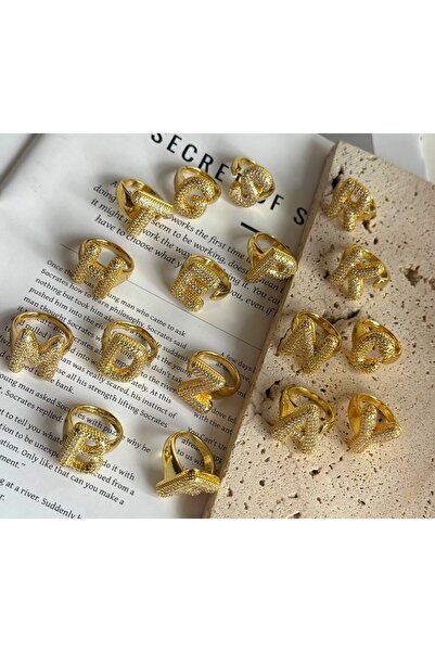 Emora Mora Boutique Gold Taşlı Ayarlanabilir Harf Yüzük - M