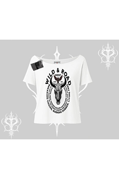 Tarzsokak Тениска с лодка деколте Wild & Road Western Skull Biker Street Culture
