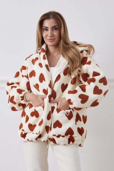 GÜLSEVEN Kadın Kalpli Astarlı Peluş Mont Kahverengi