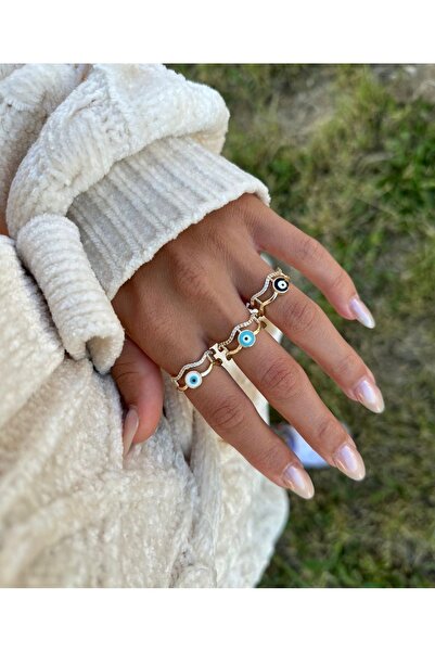 AychaAksesuar Lacivert mineli nazar boncuklu ayarlanabilir yüzük