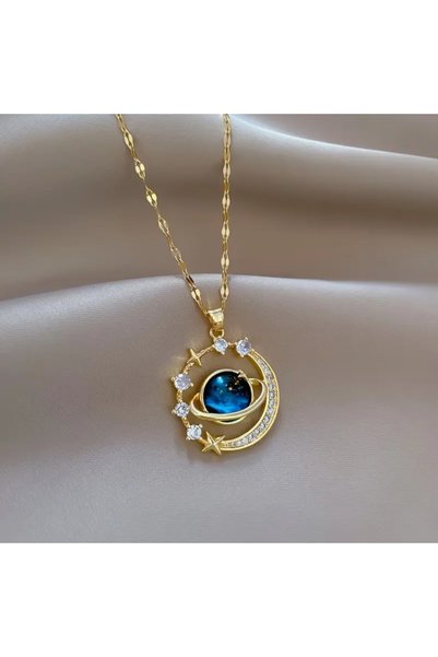 REKS 2Pcs Matching Moon/Star Necklace for Women and Men Stainless Steel Moon Necklace with Stone Valentine's Day