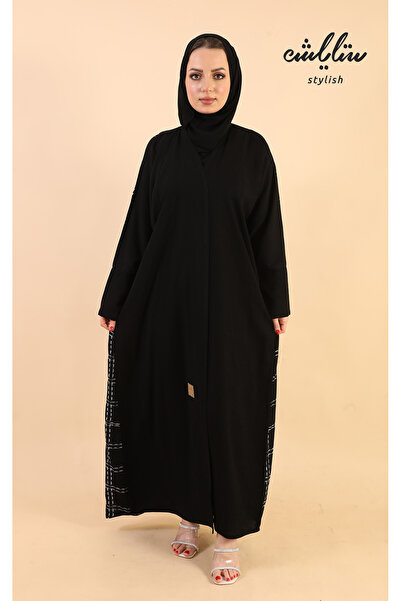 styliah عباية لف باللون الأسود مطرزة