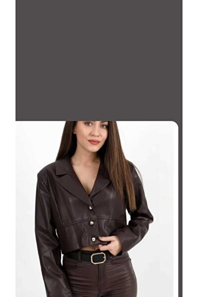 NÜANS MODA DOUBLE-BREASTED COLLAR BUTTONED SHORT LEATHER JACKET