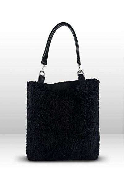 Flarella Furry Soft Touch Plush & Leather Women's Black Hand and Shoulder Bag...