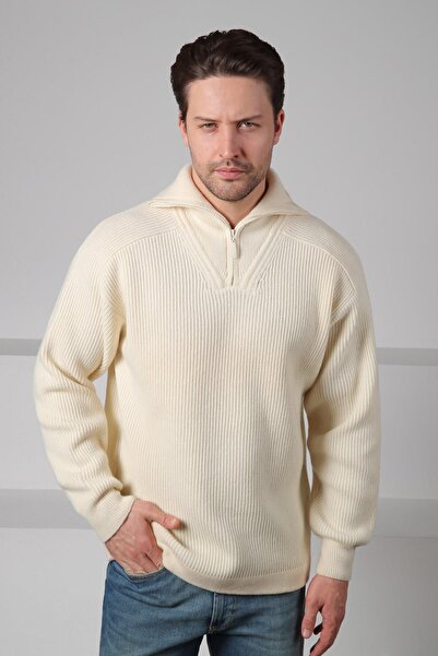 Ferraro سترة تريكو رجالية من Ecru بياقة مدورة وسحاب قماش مجدّل وأكمام طويلة م...