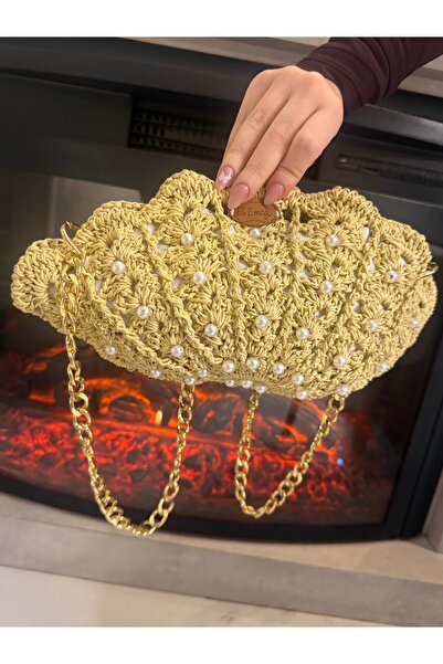 sinmm Geantă de umăr cu model de stridii din răchită, lucrată manual, cu deta...