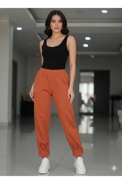 MODA Tarçın rengi ayak manşetler pensli rahat eşofman altı