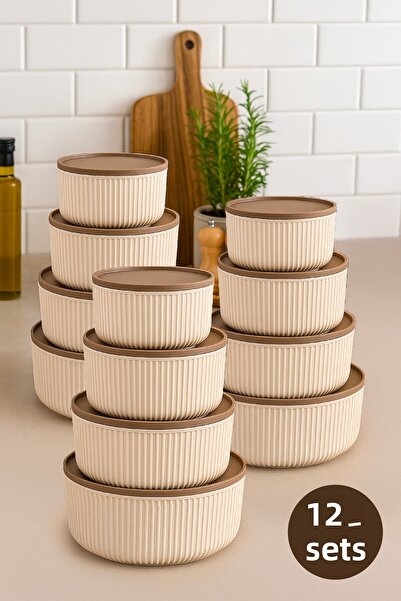 palermo home Set of 12 round striped storage containers, beige