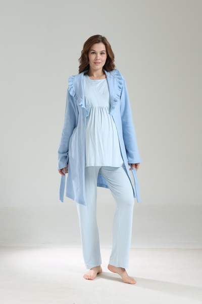 Rimel Homewear Mavi Lohusa Hamile 3'lü Pijama Takımı - Emzirme Özellikli Saba...