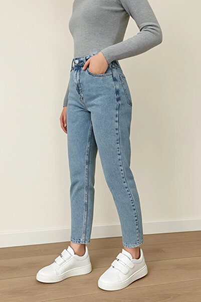 mooishan بنطلون جينز نسائي قماش قابل للتمدد موم أزرق اللون -3