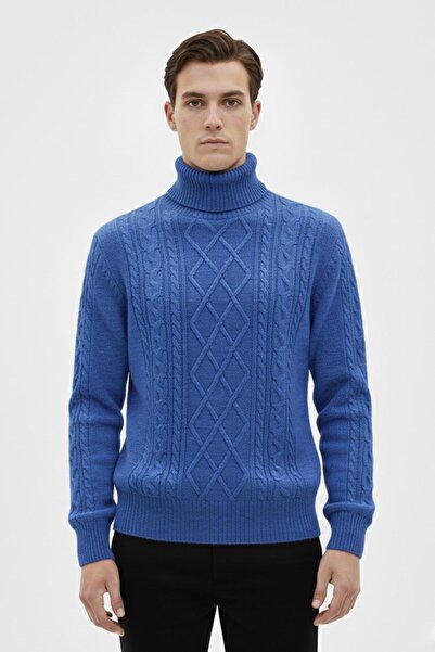 Sabri Özel Mavi Regular Fit Yünlü Desenli Tam Balıkçı Yaka Triko Kazak