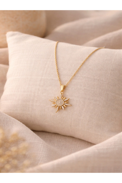 Bellenza Zirkon Taşlı Güneş Figürlü Altın Renk Kadın Kolye Zarif ve Işıltılı ...