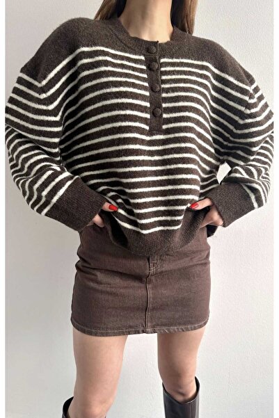 yeditepe fashion Striped Buttoned Oversized Knitwear Sweater