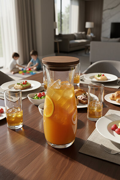 Amandus Armoni - Ahşap Kapaklı Cam Sürahi Karaf Su ve Meşrubat Sürahi & Karaf...