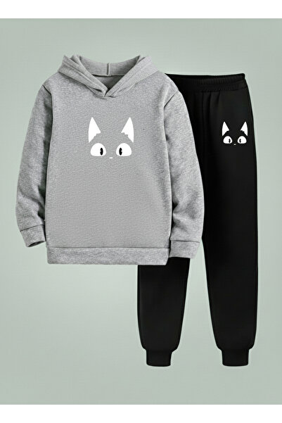 LORVEX Children's Suit Sweatshirt - Tracksuit (Hooded) Merakli Kedi̇ B Printe...