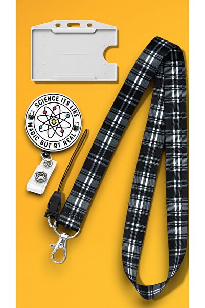 chic crazze Siyah Beyaz Ekose Desenli Boyun Askı İpi Yoyo Kart Tutucu Yatay K...