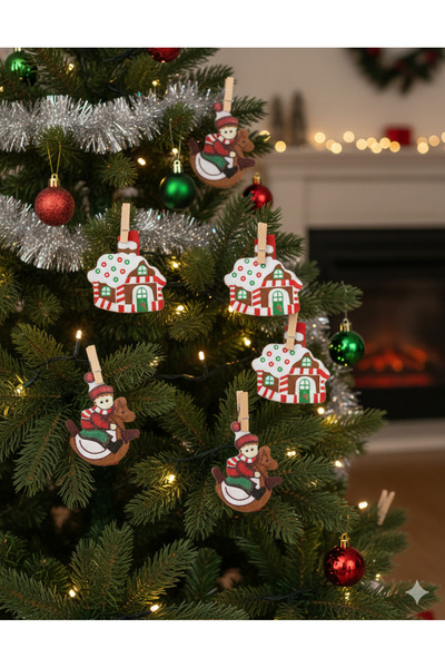 DODOMAR Нова година – Дървена къщичка, комплект от 6 декоративни щипки за дрехи