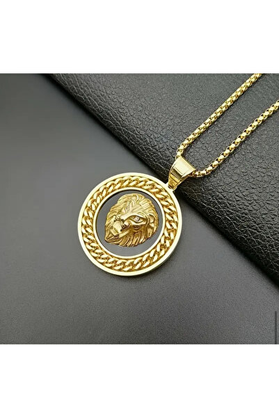 REKS 3D Aslan Kafası Kolyesi, Yuvarlak Madalya Uçlu Kazak Zinciri, Küba Bağla...