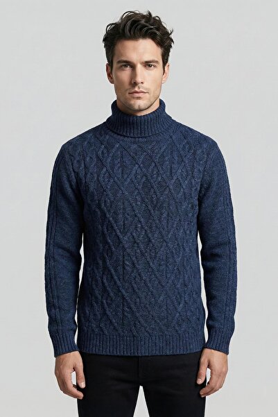 Sabri Özel Lacivert Regular Fit Yünlü Desenli Tam Balıkçı Yaka Triko Kazak