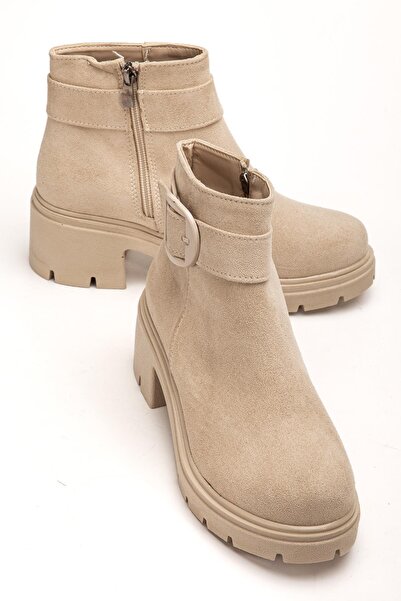 Dilimler Ayakkabı Women's Heeled Boots Tan Suede Faux Leather Side Buckle Thi...