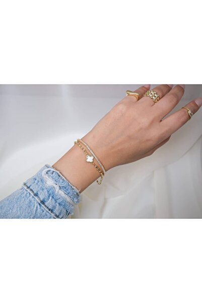 ATELİER TUĞBA Blk173 Clover Detail Double Bracelet Set Gold - 16 cm + 3 cm Ex...