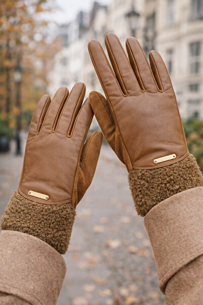 Butik Kadın İçi Polarlı Dokunmatik İşaret Parmak Detaylı Suni Deri Eldiven