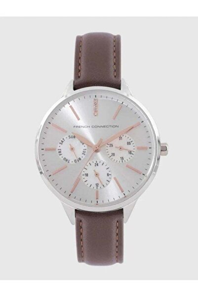 French Connection Analog Watch with Brown Leather Strap and Silver Dial for Women 36.5 mm