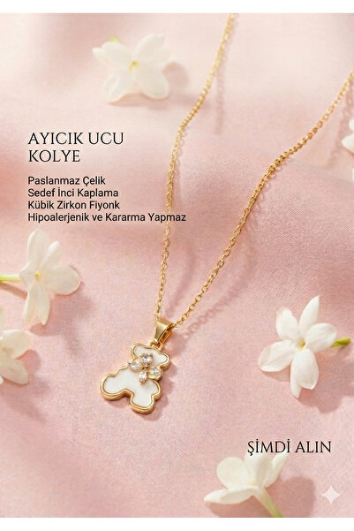 inworldout قلادة من الفولاذ الذهبي مع فيونكة من حجر الزركون وتمثال دمية دب