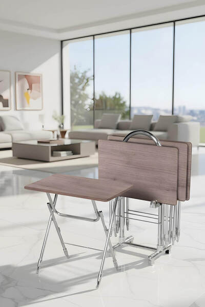 LUMİS GARDEN 4'lü Katlanır MDF Mebran Beyaz Gri Desen Çanta Zigon Sehpa - Kro...