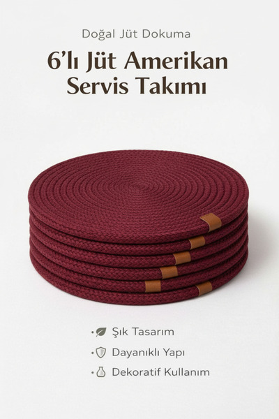 Febros 6’lı Yuvarlak Jüt Amerikan Servis Doğal Hasır Supla Şık Masa Sunumu Dekoratif Tabak Altı