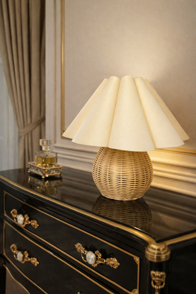 burenze Modern Abajur Fico Krem Kumaş Hasır Rattan Bambu Gövde Masa Lambası