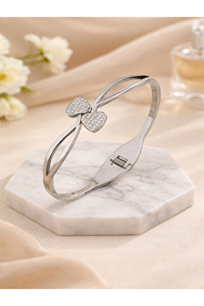 Bellenza Taşlı Kalp Detaylı Çelik Kelepçe Kadın Bileklik