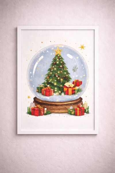 BuzzDesigns Snow Globe Tree – Kar Küresi Yılbaşı Ağacı Duvar Dekoru (Çerçeveli)