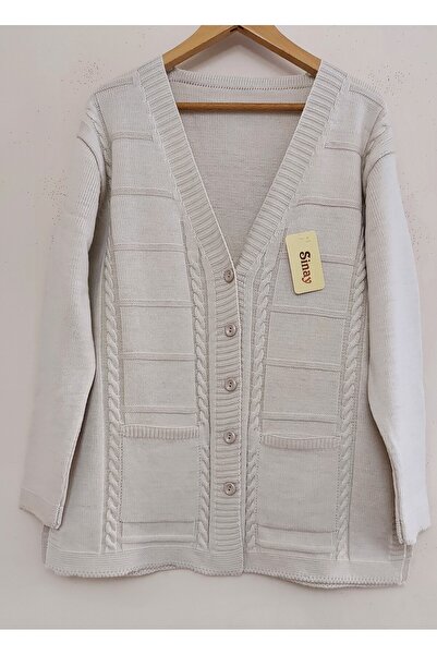 SİNAY TRİKO Kadın Saç Örgülü Triko Cepli Yandan Yırtmaçlı Düğmeli Anne Hırka