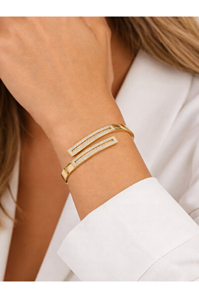 Bellenza Altın Renk Çift Sıra Zirkon Taşlı Şık Kadın Kelepçe Bileklik