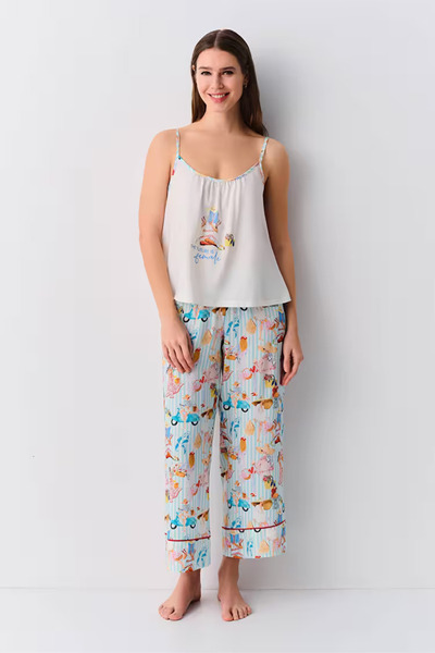 DREAM FASHION Blue Line Printed Feminine Athlete Pants Pajama Set