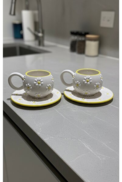 MOSHOME Set of 2 embossed daisy patterned mugs, tea and coffee cup