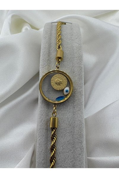 beus Kararmaz Çeyrek ve Nazar Boncuğu Detaylı Bileklik 316L Paslanmaz Çelik Gold 19+6 cm - Kadın