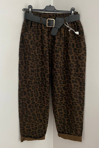 AYASOFYA OTANTIK Women's Italian Elastic Waist Belted Leopard Patterned Side Pocket Oversized Casual Trousers