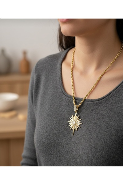 stainless steell gold renk kalın asansör zincirli taşlı kutup yıldızı model ç...