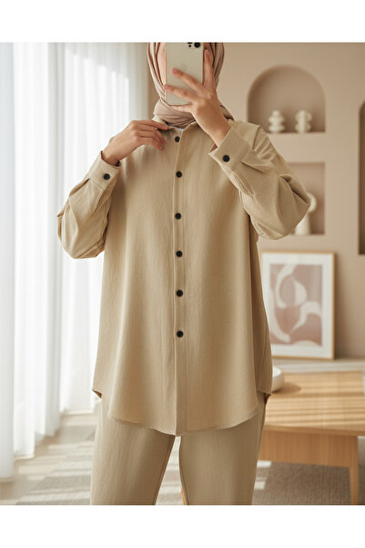 Modamorfo Women's Beige Oversize Linen Bottom Top Set 6622