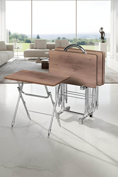 LUMİS GARDEN 4'lü Katlanır MDF Mebran Koyu Ahşap Desen Çanta Zigon Sehpa - Kr...