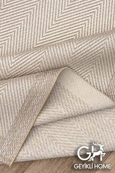 GH Geyikli Home Krem Bej Sisal Makinede Yıkanabilir Çerçeveli Desenli Halı Modern & Toz Tutmaz Kaymaz Taban