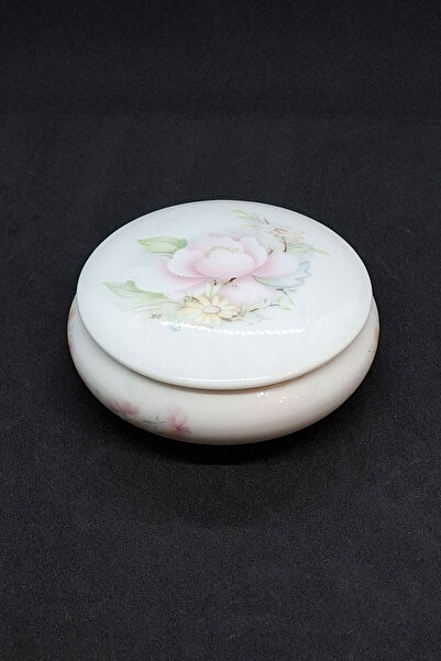 ABBETC Antique French Porcelain Jewelry Box with Pink Flower Figure and Lid